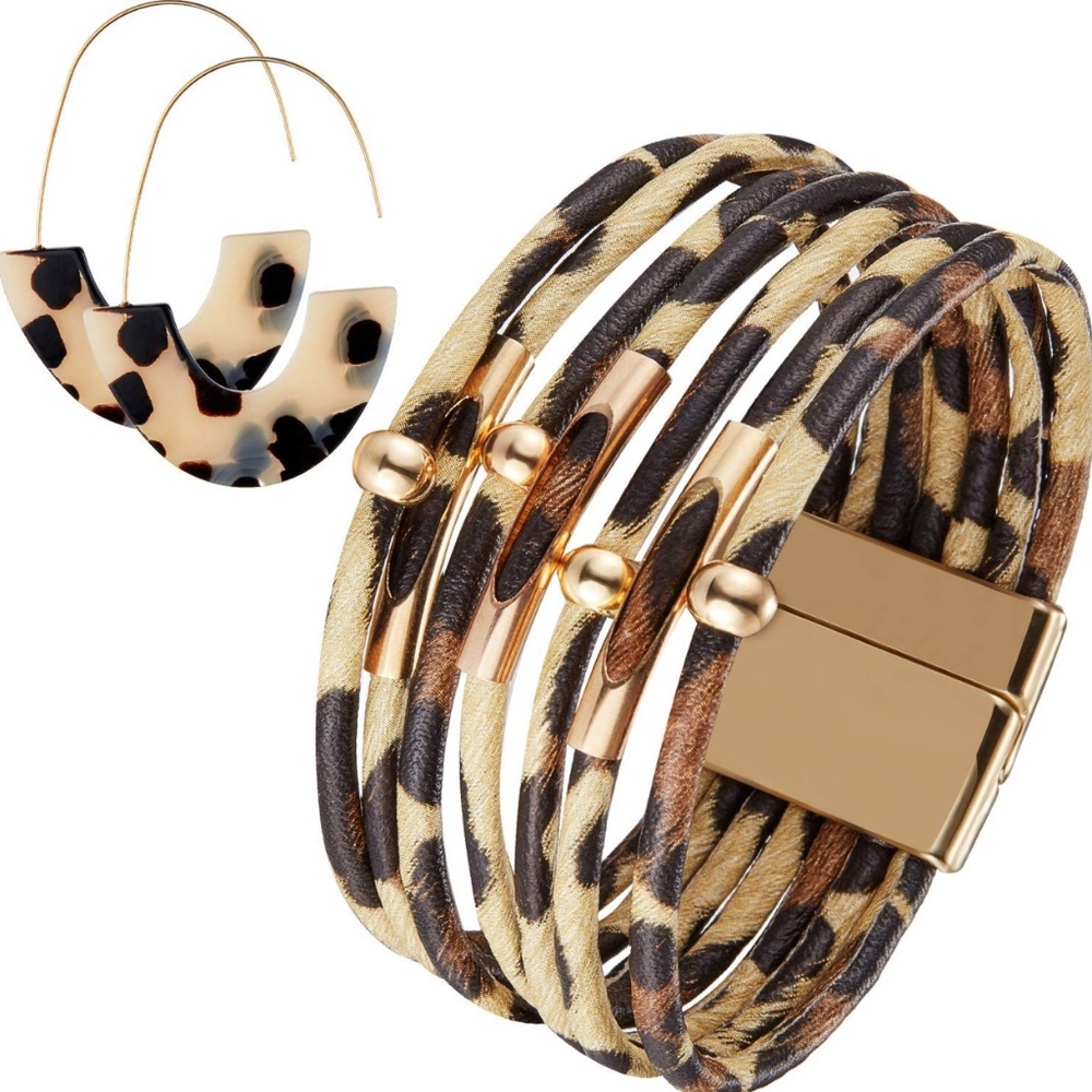 Leopard Print Cuff Bracelet and Earring Set